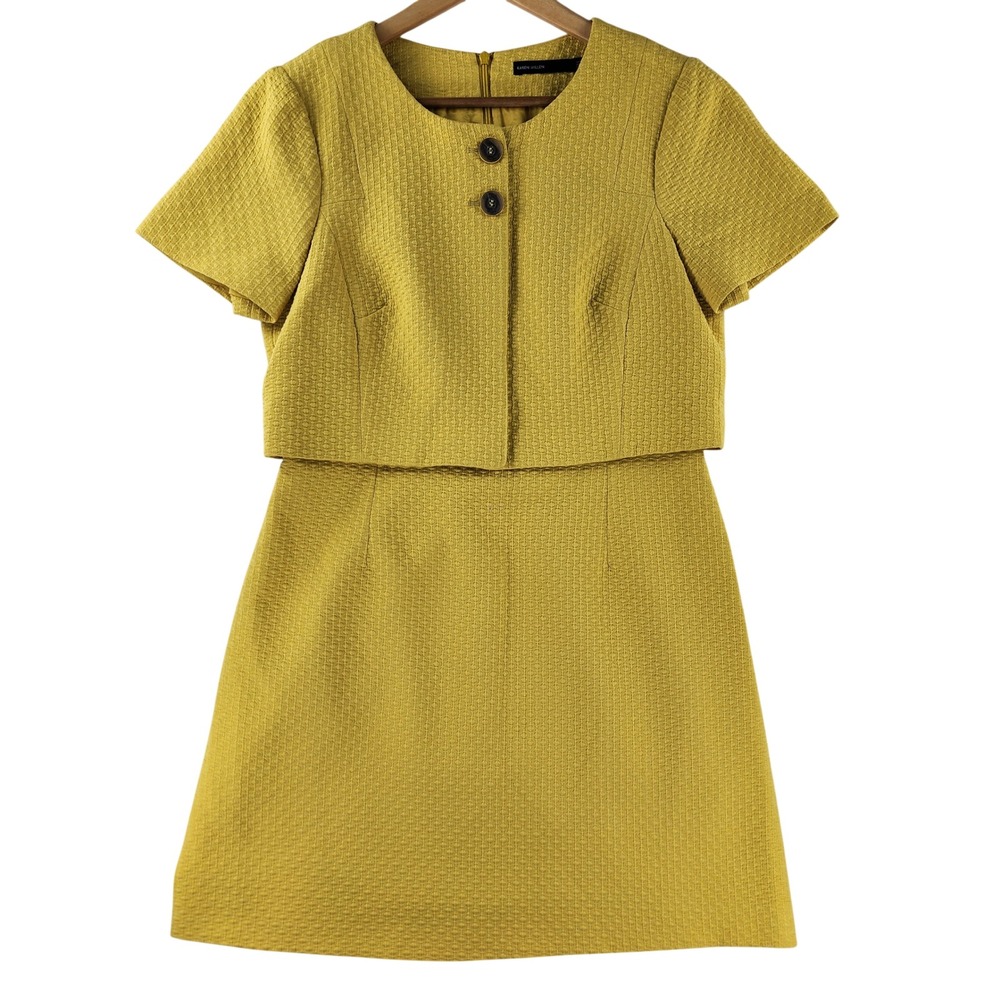 Karen Millen Textured Overlay Dress Women US 10 UK 14 Yellow Career Midi Office